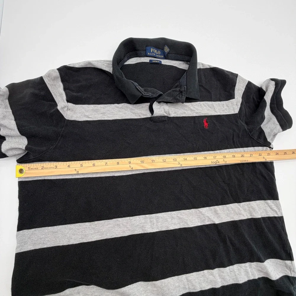Polo Ralph Lauren Mens XXL‎ Custom Fit Striped Polo Shirt Black Grey Rugby Pony